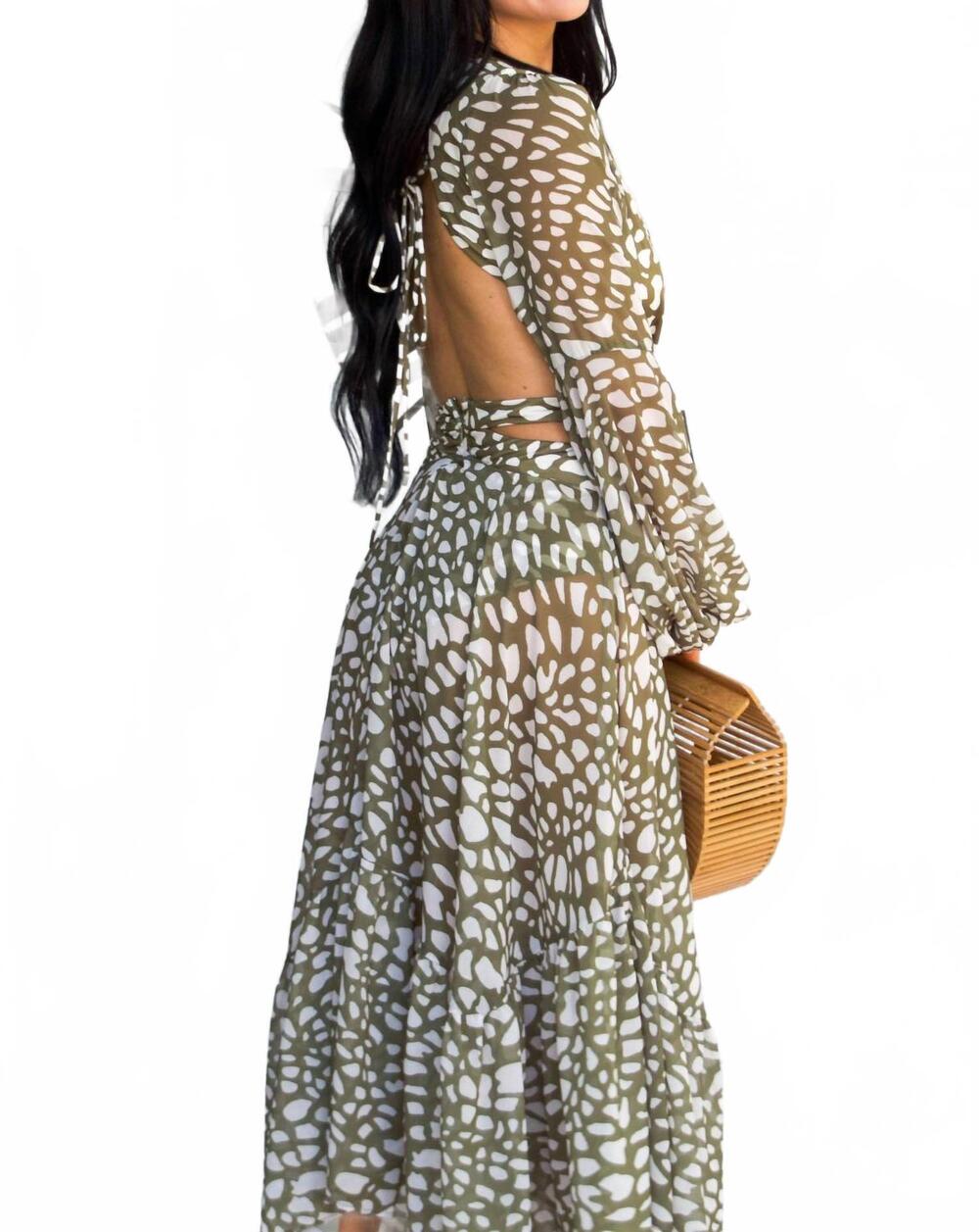 NEW LUXXEL sunkissed riviera cutout printed open back dress in olive - Picture 2 of 3
